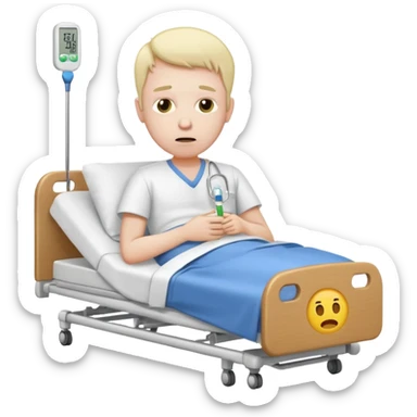 man sick in hospital bed full body thermometer in mouth emoji style sad expression sticker