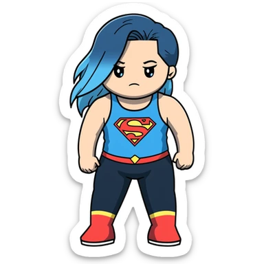 Beautiful-shameful look on face-very long and very straight black to sky blue ombre hair-blue sad eyes-cute sky blue lowcut tanktop-black with superman logo- leggings sticker