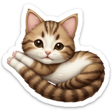 dark brown tabby and white kitten in funny positions stretched our upside down with eyes closed sticker