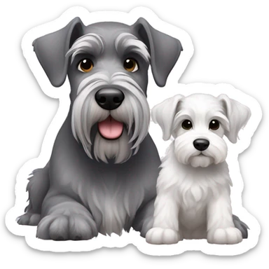 A big gray schnauzer with dark eyes next to a small all white puppy schnauzer sticker