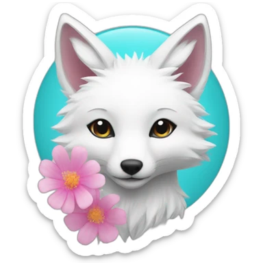 white fox with cyan hair on heaf and pink flower in it sticker