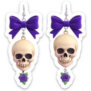 gothic earrings with deep amethyst velvet bows, silver skull charms, black rose accents, rich and gothic, matching the choker sticker