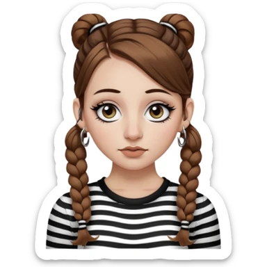 a white girl with brown hair in very low pigtails black eyeliner big false eyelashes with a septum piercing nose piercing big hoop earings dermals close to the eyes one on each side wearing a black and white striped long sleeve shirt sticker