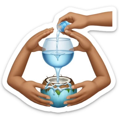 A whole coconut with water being poured over it with hands cupping water sticker