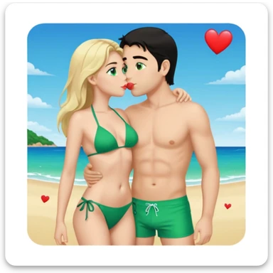 Blonde girl Green eyes Green Bikini whole body Kissing man black Hair blue eyes Hearts in Body Background beach sticker