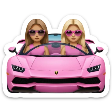 Add sunglasses Make car far away so I can see full car Car facing forward in sports car. Make hair long  two girls in car far away Front of car sitting in the seats. Make it a pink sports car. They are two baddies make it a Lamborghini pink car  sticker