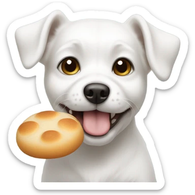 little white dog with a small round bread in its mouth sticker