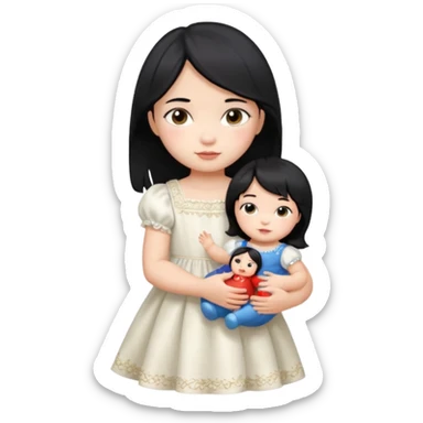 a Toddler black hair girl holding 1 russia doll sticker