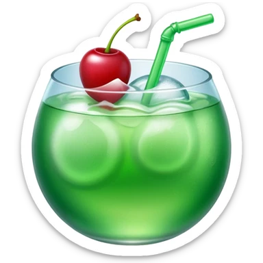 Create an emoji with a very clear rounded glass and ice, bright transparent green soda , a smooth vanilla scoop circle shape, a glossy red cherry, using vibrant colors, soft shading, and clear glass highlights.
 sticker