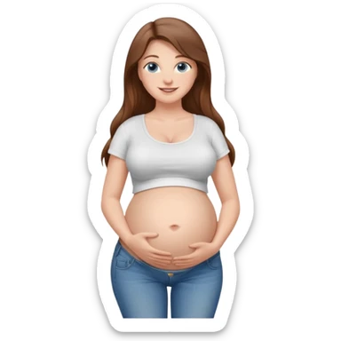 White girl, 18, long brown hair, blue eyes, white crop top, jeans, huge pregnant belly, big boobs, side view, skinny, bare midriff, smiling sticker