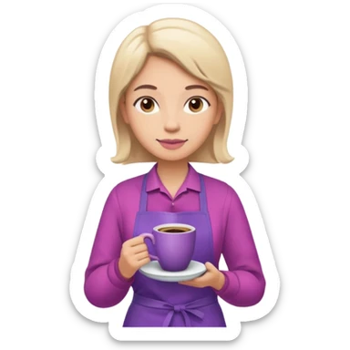 Create 3D minimalist emoji in the style of Coffee Lover — a coffee shop and roastery brand.
Style: cozy, warm.
Colors — purple-pink range.
barista with coffee sticker