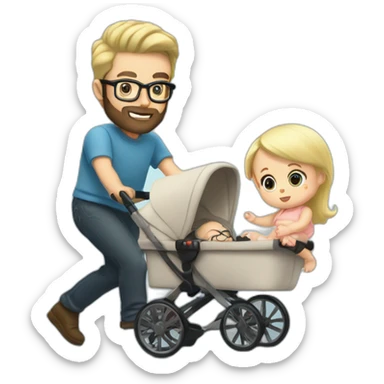 White man with Black hair,  beard and glasses pushing buggy with blonde baby sticker