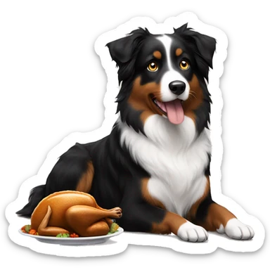 Black tri Australian shepherd eating thanksgiving dinner sticker