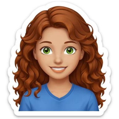 girl with brown hair, green eyes with a blue shirt no background ,young with curly hair smileing long hair not so curly and orange sticker