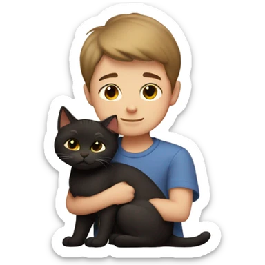 Boy with short hair cuddling dark brown cat sticker