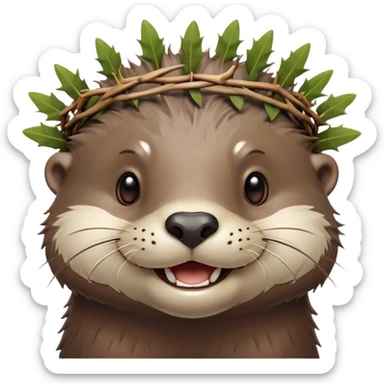 really cute smiling joyful otter face in three-quarter profile view with simple thorny stem wrapped horizontally around its forehead like Jesus Christ's Crown of thorns, no crown shape on top, just thin spiky branches circling the forehead sticker