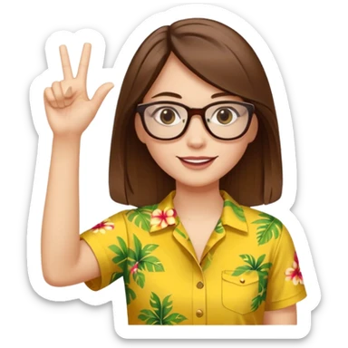 Hawaii female with white skin. Shoulder length straight brown hair. Brown eyes with glasses. Female wearing yellow Hawaiian print shirt. Women is making a hang loose sign with her left hand sticker