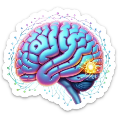 brain with glowing quantum particles around sticker