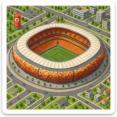 Изометричная, яркая, детализированная и фотореалистичная иллюстрация стадиона FNB Stadium в стиле 3D-коллажей городов, насыщенные цвета, аккуратные и чёткие линии, мультяшно-реалистичная стилистика. Чёткие контуры, не размазанные линии, прозрачный фон, высокое качество. sticker