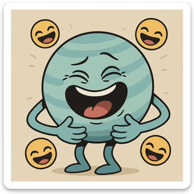 Uranus with a face, holding its sides and laughing, surrounded by floating emojis, cartoon style sticker