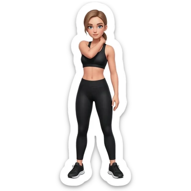 hand on neck, shoulder release pose, fair-skinned woman, gray-blue eyes, ash brown brows, ash light brown hair tied back, slim athletic body, black workout set, black sneakers with white soles sticker