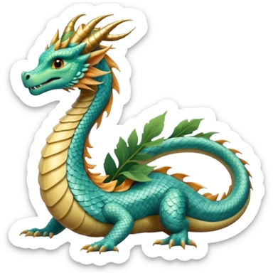  serpent dragon. Slim, serpentine body with smooth scales in soft blues and greens. Fluffy leaf plumes replace the tail fins, and a terracotta crown-like crest adorns its head. Gentle amber eyes. sticker