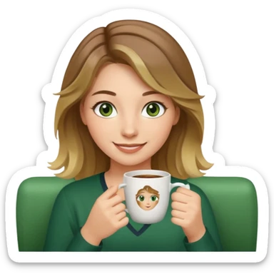 smiling girl with cup indoors green eyes  slightly wavy brown hair down to her shoulder with blonde highlights sticker