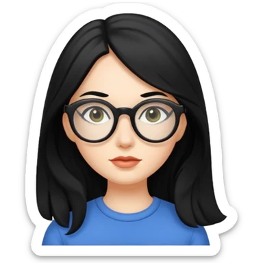 white girl with long black hair and oval glasses sticker