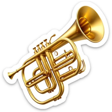Cinematic Realistic Trumpet, rich golden brass with subtle tarnish marks, soft highlights emphasizing the intricate details, warm reflections of stage lighting bouncing off the metal, glowing with bold and triumphant energy. sticker