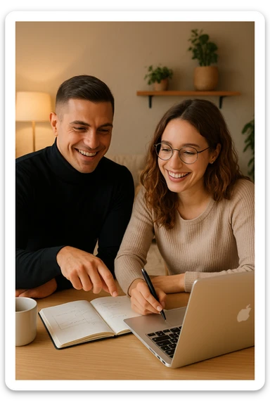 a man and woman work together on a project at home, with the man offering guidance and the woman actively participating and contributing ideas. Their expressions show teamwork and satisfaction, highlighting the benefits of collaboration and shared leadership. The setting is warm and inviting. sticker