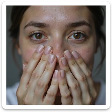 close-up of hands of a woman with vitamin B12 deficiency, fragile and pale nails, slight jaundice in the sclera of the eyes, hyperrealistic 4K details, vertical 9:16, neutral background sticker