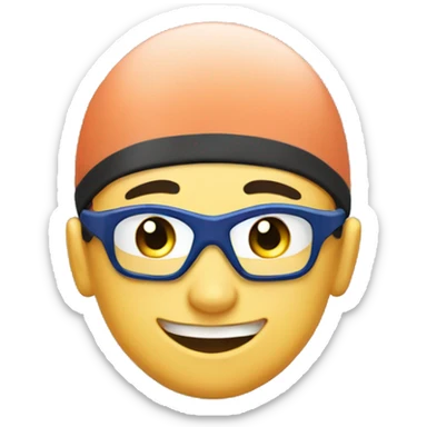 Swimmer in great mood and feeling perfect after the workout. Swimmer is in the swimming pool. He has swimming cap and swimming goggles. His face should show his great mood sticker