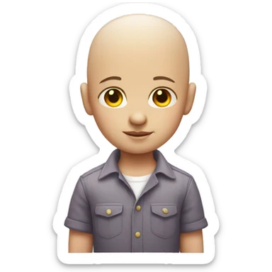 bald boy in shirt with unicorn horn on forehead sticker