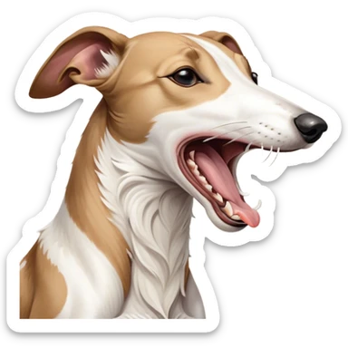 Cinematic Cute Yawning White and Brown Greyhound Portrait Emoji, Head tilted slightly with a dramatic, wide-open yawn, showcasing a pristine white Fur with bold brown markings, floppy ears slightly drooping, round eyes barely open in drowsy contentment, Simplified yet irresistibly adorable features, highly detailed, glowing with a soft, cozy glow, high shine, relaxed yet expressive, stylized with a touch of whimsy, bright and endearing, soft glowing outline, capturing the essence of a sleepy yet affectionate companion, so drowsy it feels like it could stretch out of the screen and curl up for a nap! sticker