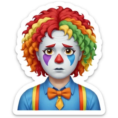 Rainbow-colored curly wig (red, yellow, green, and blue).

White face paint with blue eye makeup and a red nose.

Wearing orange suspenders over a blue shirt.

Sad, frowning expression. sticker