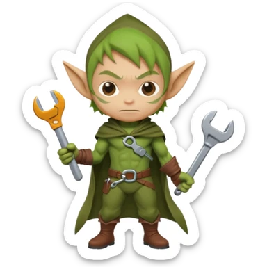 short green goblin, hold a wrench, brown cloth, cute chibi full body sticker
