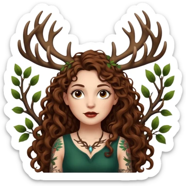 woman with long curly brown hair, brown eyes, white skin, tattoos, tree branches forming antlers above her sticker