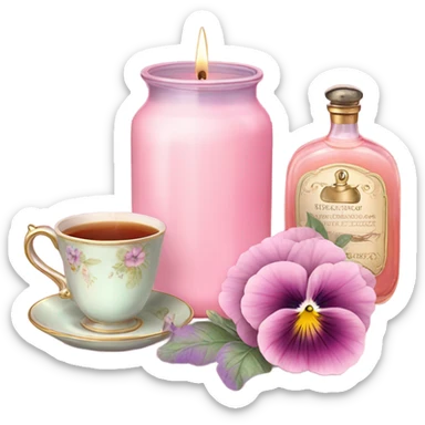 A cozy aesthetic: a pink candle in a glass jar, pastel pink pansies, a vintage perfume bottle, and a cup of steaming tea. sticker