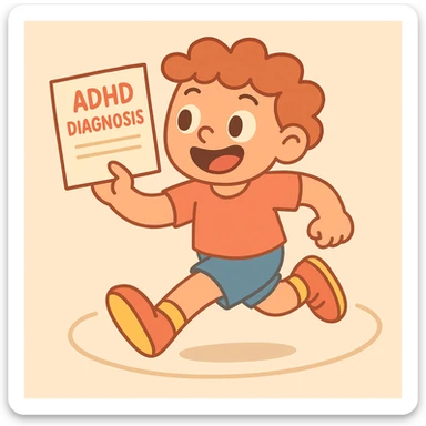 A cheerful, energetic child running in circles, clutching a certificate marked 'ADHD Diagnosis', in a pastel cartoon style sticker