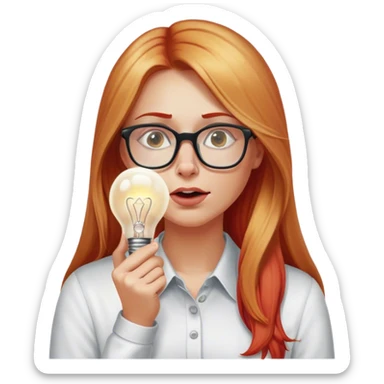 intelligent and clever, 30 year old, girl, long red and almost blond hair, glasses, has an brillant idea, rubs his nose, light bulb over the head, casual cloth  sticker