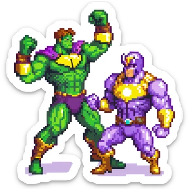 Hulk vs Thanos battle scene, green muscular superhero fighting purple villain with Infinity Gauntlet, action poses sticker