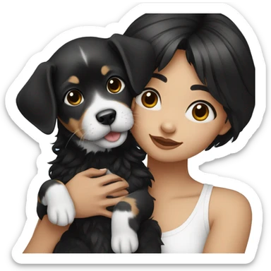 girl with medium black hair holding black and white puppy sticker