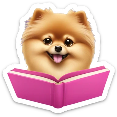 a pomeranian spitz reading a pink book sticker