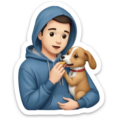Cute dog lover boyfriend with soft smile, wearing hoodie and jeans, one dog licking his face sticker
