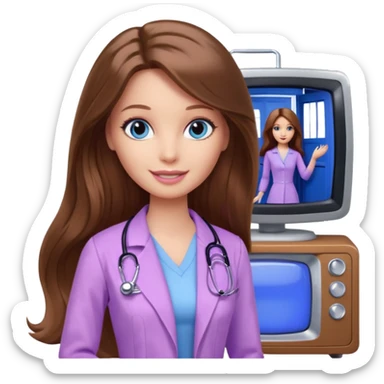 beautiful barbie girl with long brown hair, blue eyes and wearing light purple clothes watching tv show doctor who sticker