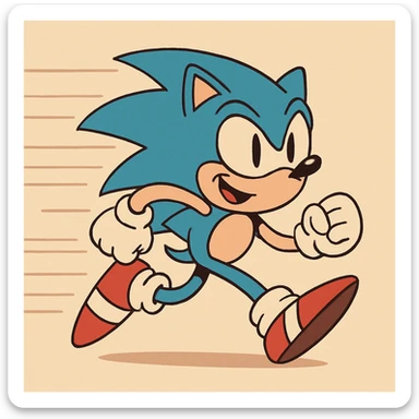 Sonic the Hedgehog, running with speed lines, blue spikes, red shoes, playful expression sticker