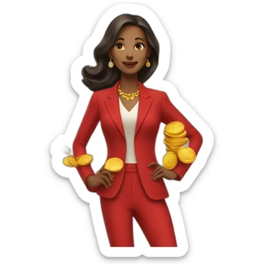 Posh-woman-with-red-suit-holding-golden-coins sticker