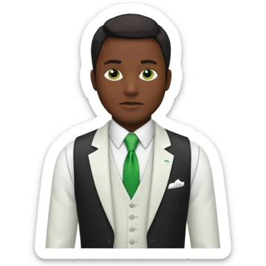 businessman, black skin, white suit vest, green tie sticker