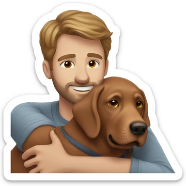 Red Labrador giving brown haired man a hug with no facial hair sticker
