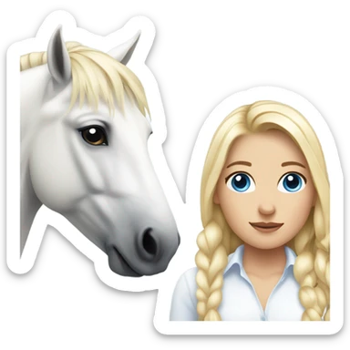White horse with a thick main next to a girl with blond hair and Blue eyes sticker
